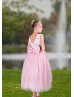 Pink Lace Tulle V Back Ankle Length Flower Girl Dress